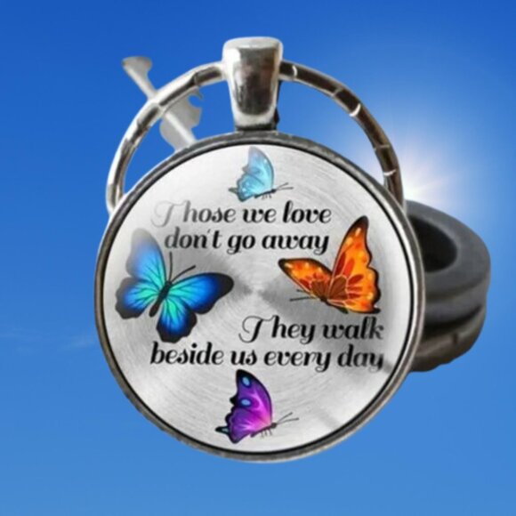 Butterflies Remembrance Domed Keychain Keyring Bag Charm Silver Blue Orange - Picture 9 of 9